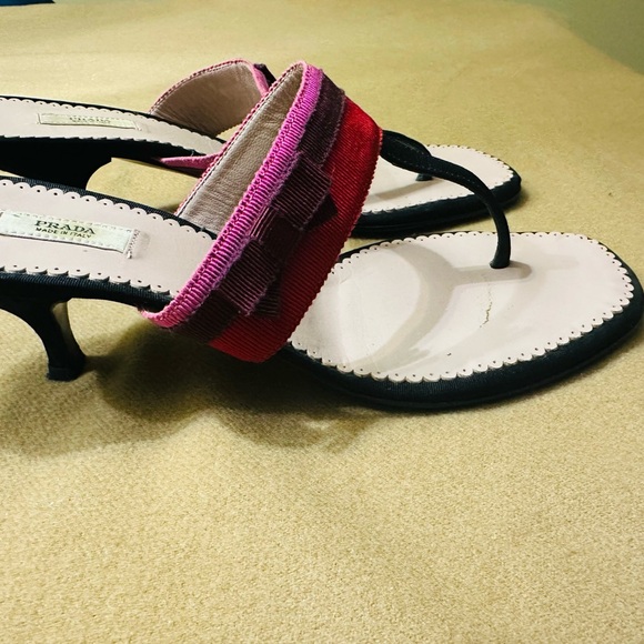 PRADA Women’s Red/Brown/Pink T Strap Grosgrain Fabric Sandal 37.5 EUR, 7.0 US - Picture 4 of 13